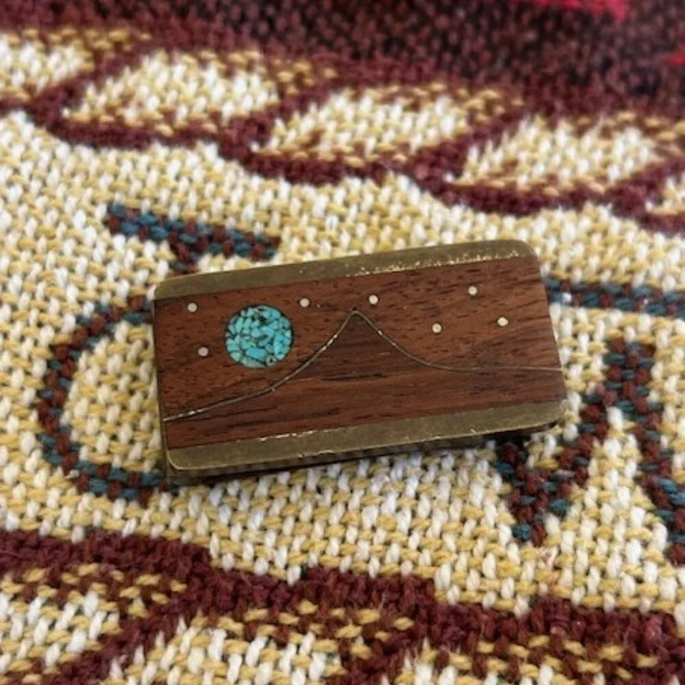 KENNETH REED Wood Brass Turquoise Inlay MONEY CLIP